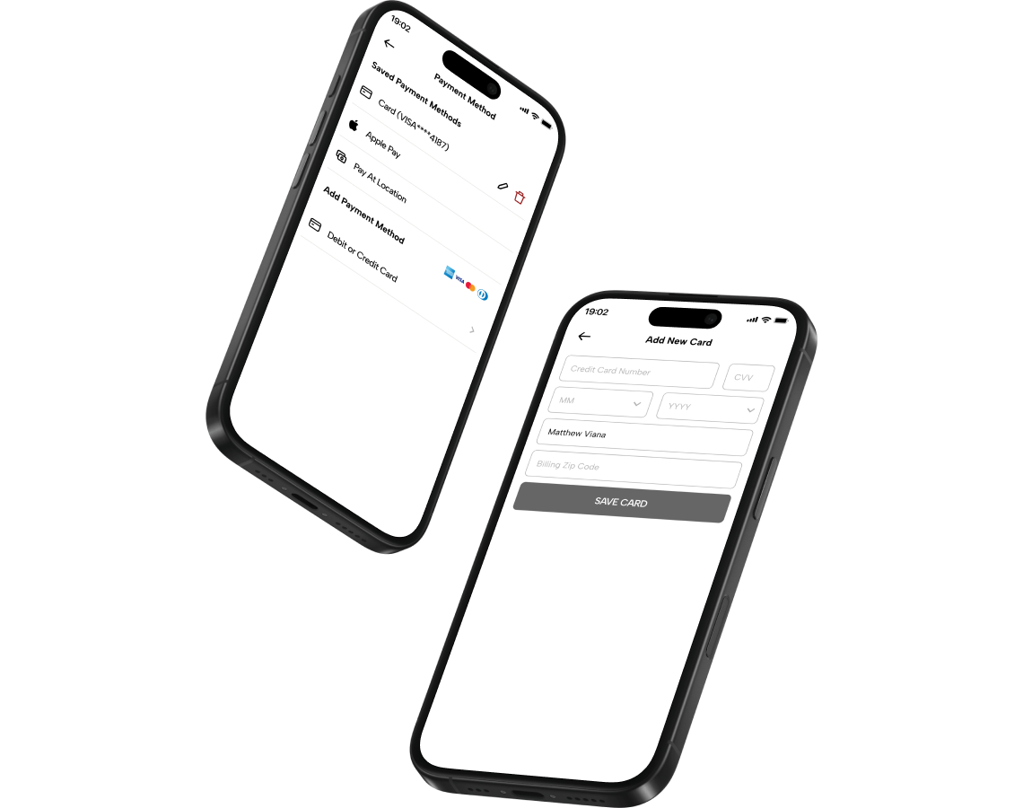 Two smartphones displaying a mobile payment app with saved payment methods, digital wallet options, and secure card management features.