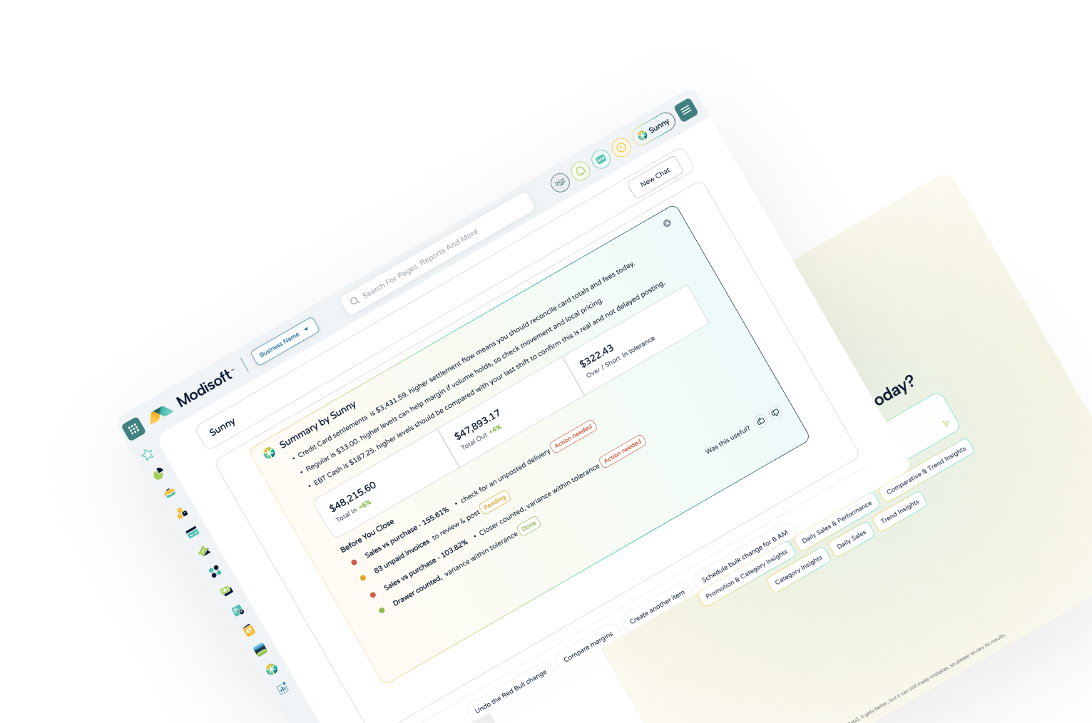 AI Summary dashboard presenting key business updates, performance highlights, actionable metrics, and generated insights within a centralized reporting interface.