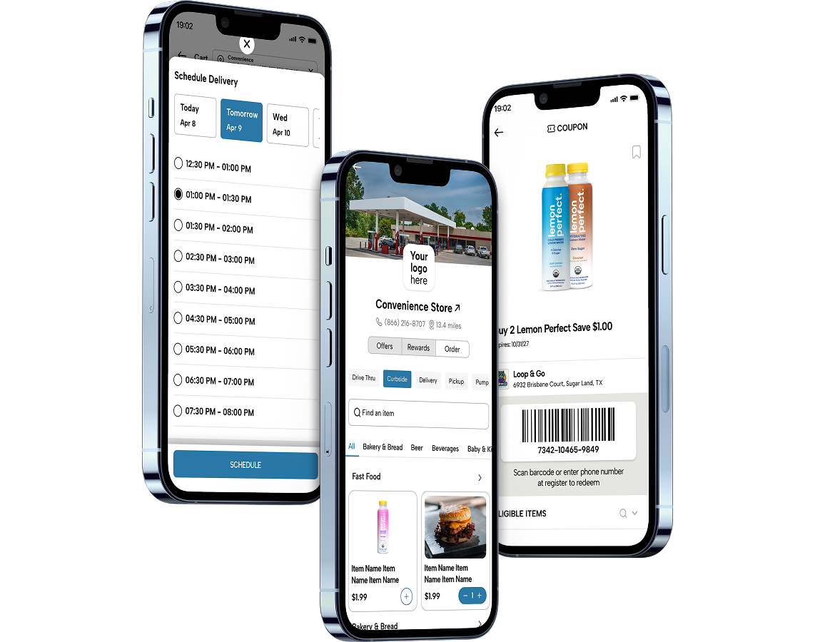 Three smartphones displaying a branded mobile app with coupon scheduling, digital rewards, barcode redemption, menu browsing, and loyalty features.