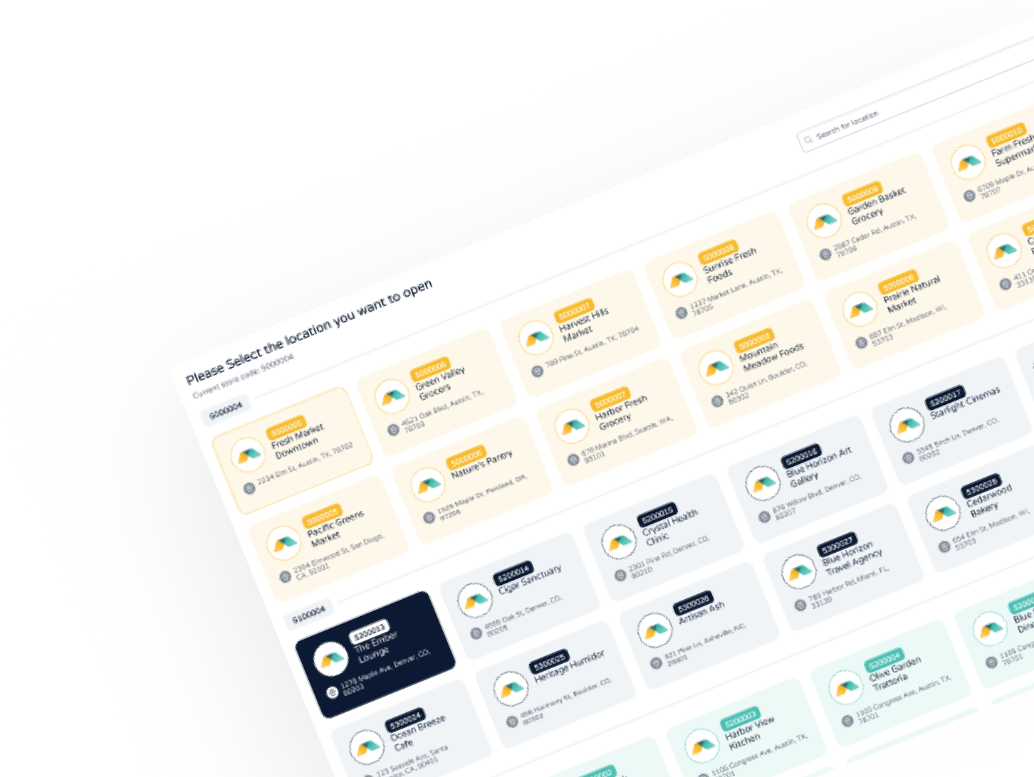 Multi-location management dashboard displaying business locations, performance metrics, status indicators, and operational insights across multiple stores and regions.