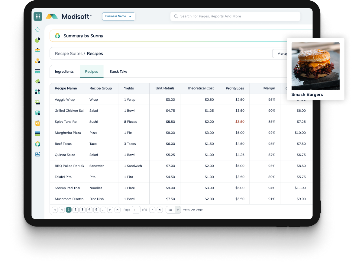 Recipe dashboard displaying ingredient and recipe tables, with a burger image preview card and product cost details