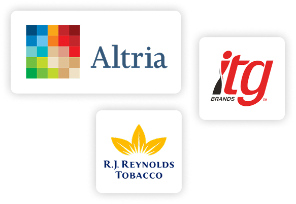 Graphic displaying the logos of Altria, ITG Brands, and R.J. Reynolds Tobacco on a teal background with white panels.