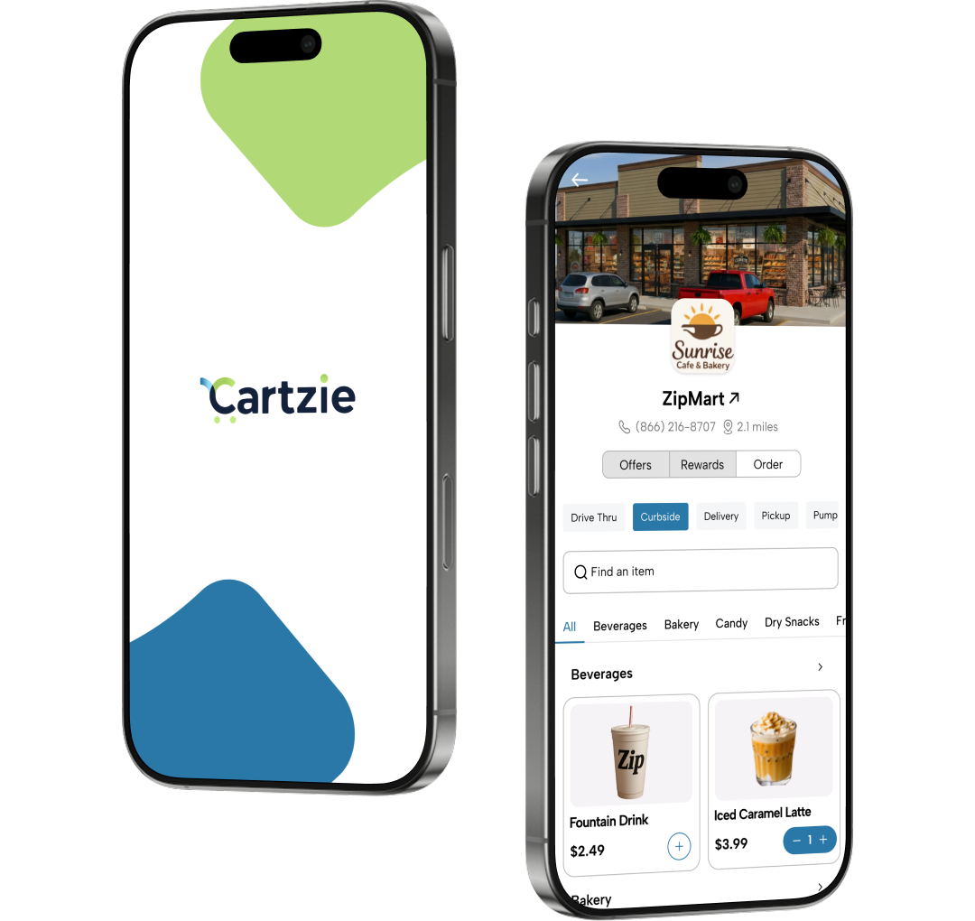 Cartzie mobile ordering app displaying store information, rewards, ordering options, beverage menu items, and curbside pickup features across smartphone screens.