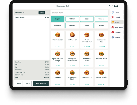 POS order entry screen displaying menu categories, food items, pricing, order details, and payment options for fast casual service.