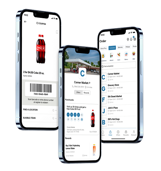 Mobile online ordering app displaying store locations, coupon offers, rewards, menu browsing, and pickup ordering options across multiple smartphone screens.